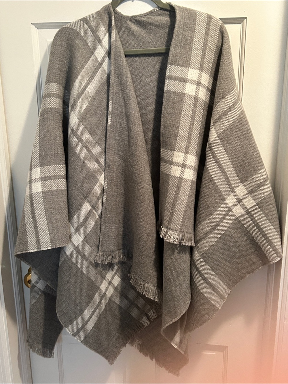 Gray Plaid Open-Front Cape Poncho